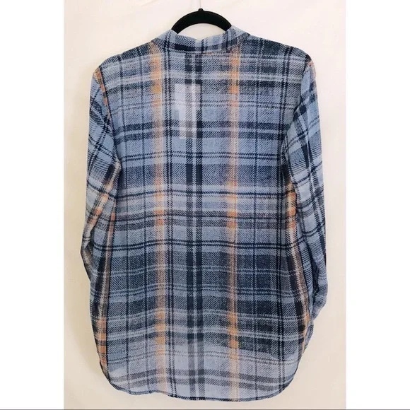 Blue Plaid Button Down Shirt Blouse Semi Sheer Roll Tab Sleeve Women Small New - Picture 5 of 8